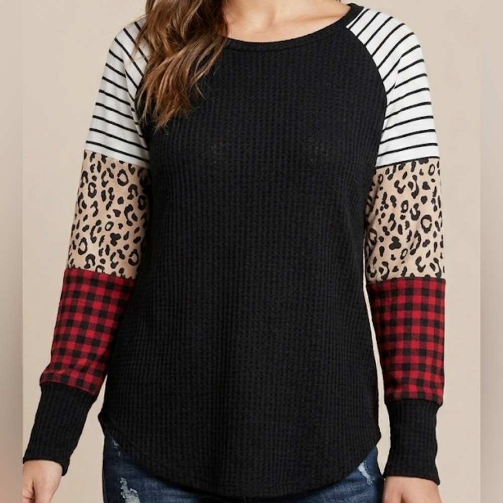 Grace & Emma brand Mixed Print Waffle Knit Top Raglan Stripe Leopard Plaid sizeS